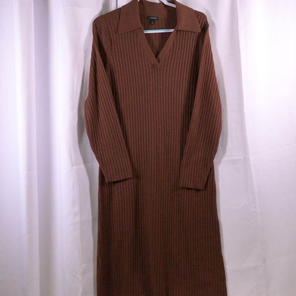 Talbots Brown Ribbed V-Neck Long Sleeve Midi Sweater Dress Women's XL